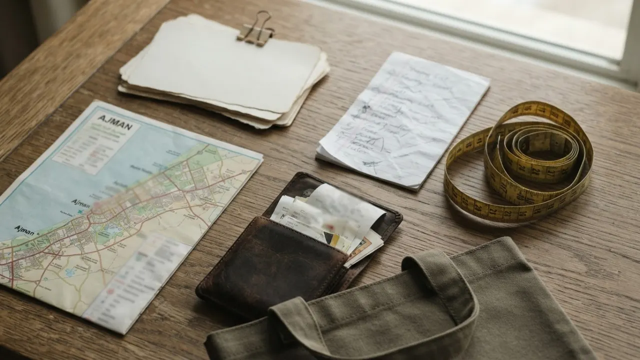 Shopping list, map, receipt wallet, and measuring tape for mall visit questions