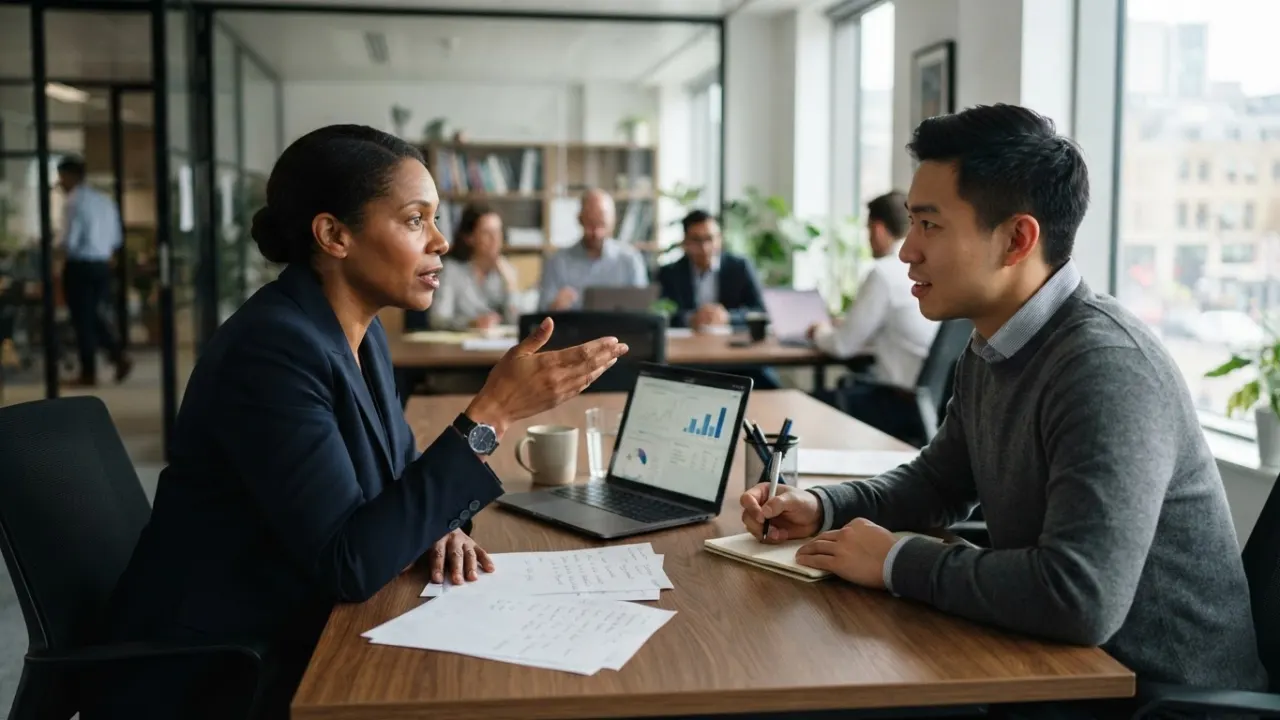 business coach meeting client at desk with notes