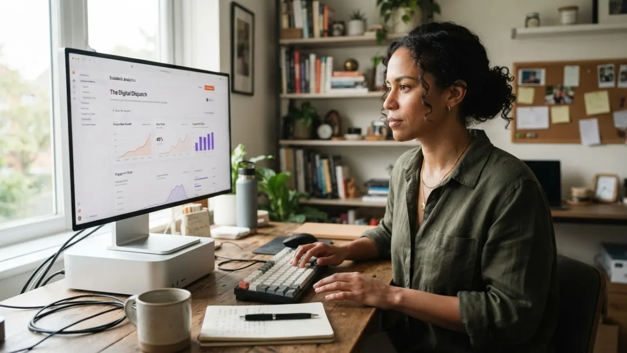 digital business founder working at desktop with analytics on screen