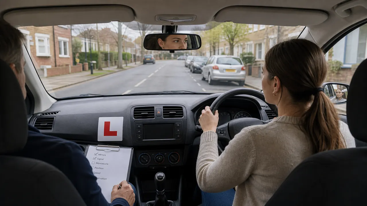driving test UK tips learner checking mirrors on a quiet road