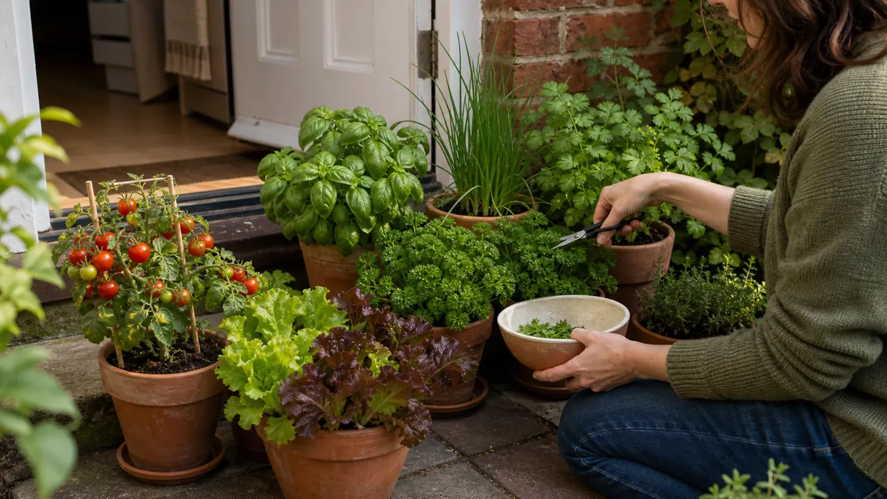 easy vegetables to grow at home with herbs by a kitchen door