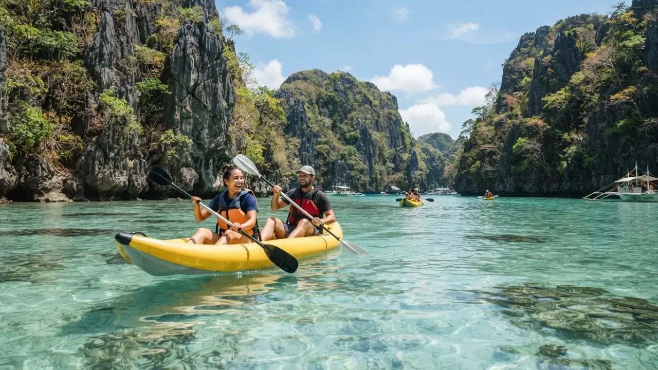 Limestone cliffs and clear lagoon water at El Nido Philippines
