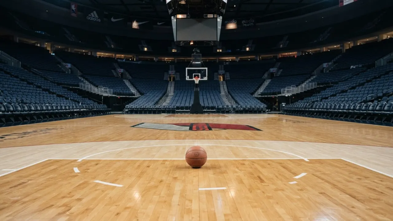 empty indoor basketball court with single ball at center court