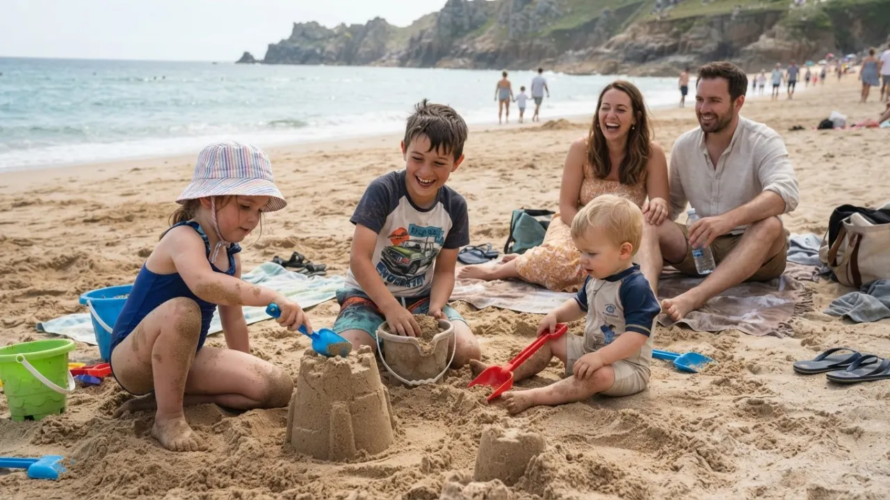 children of different ages on a family beach trip