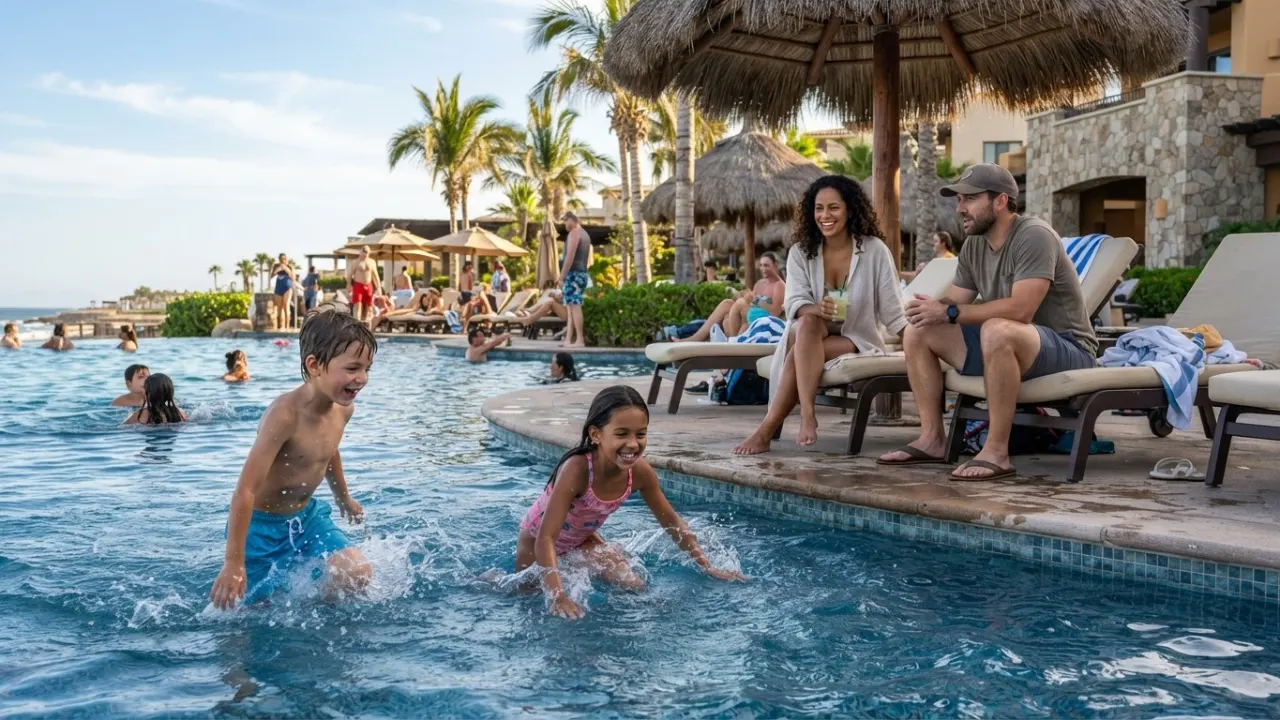 best family vacation destinations - family relaxing by a resort pool