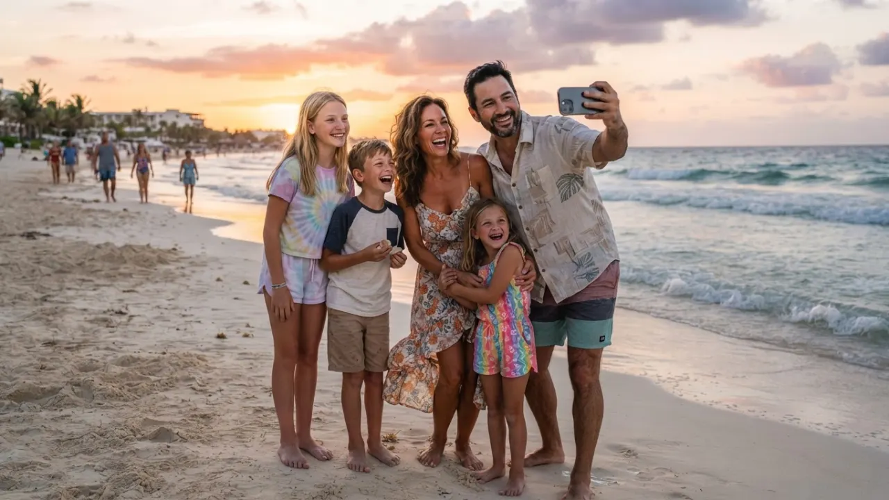 family taking photo at sunset on vacation