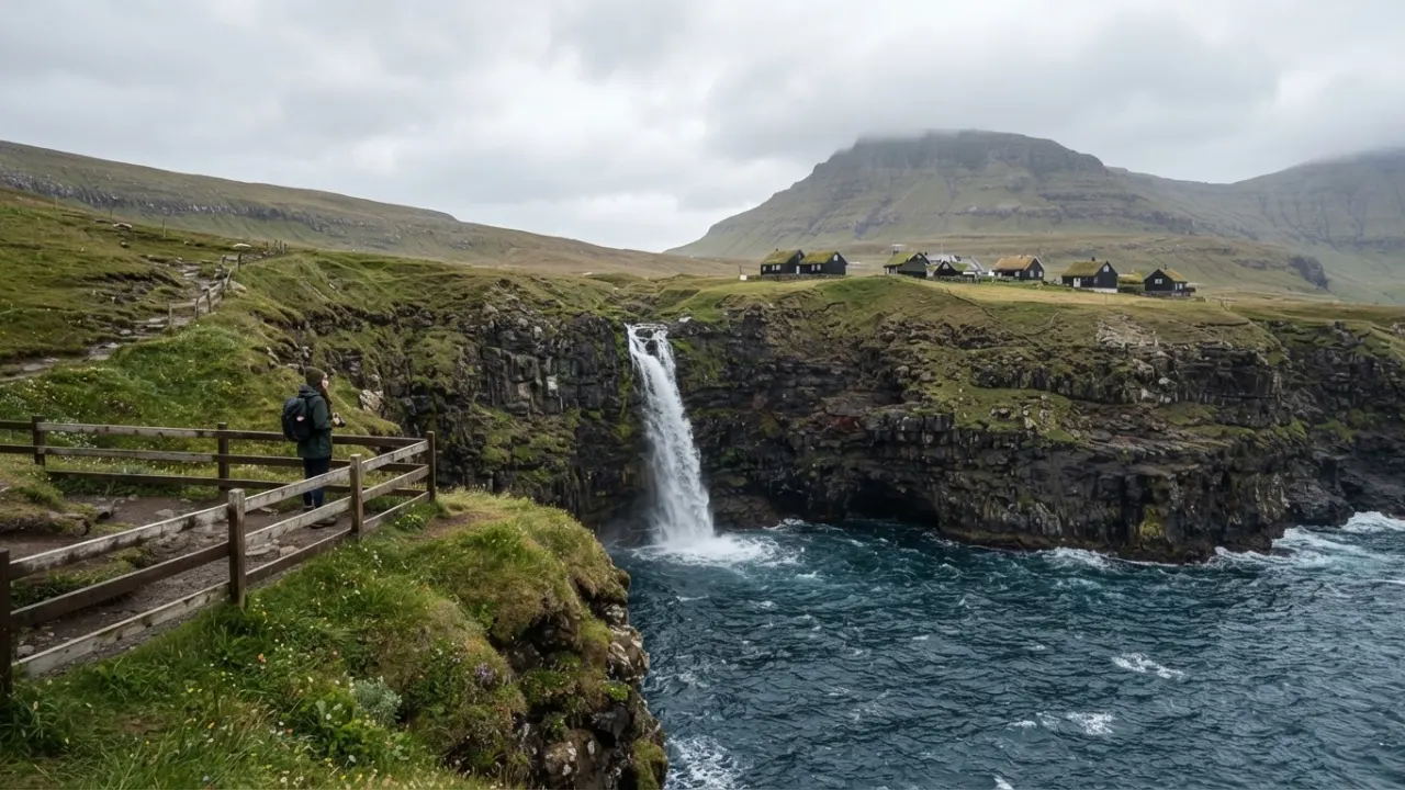 Grass-roofed village beneath sea cliffs in the Faroe Islands