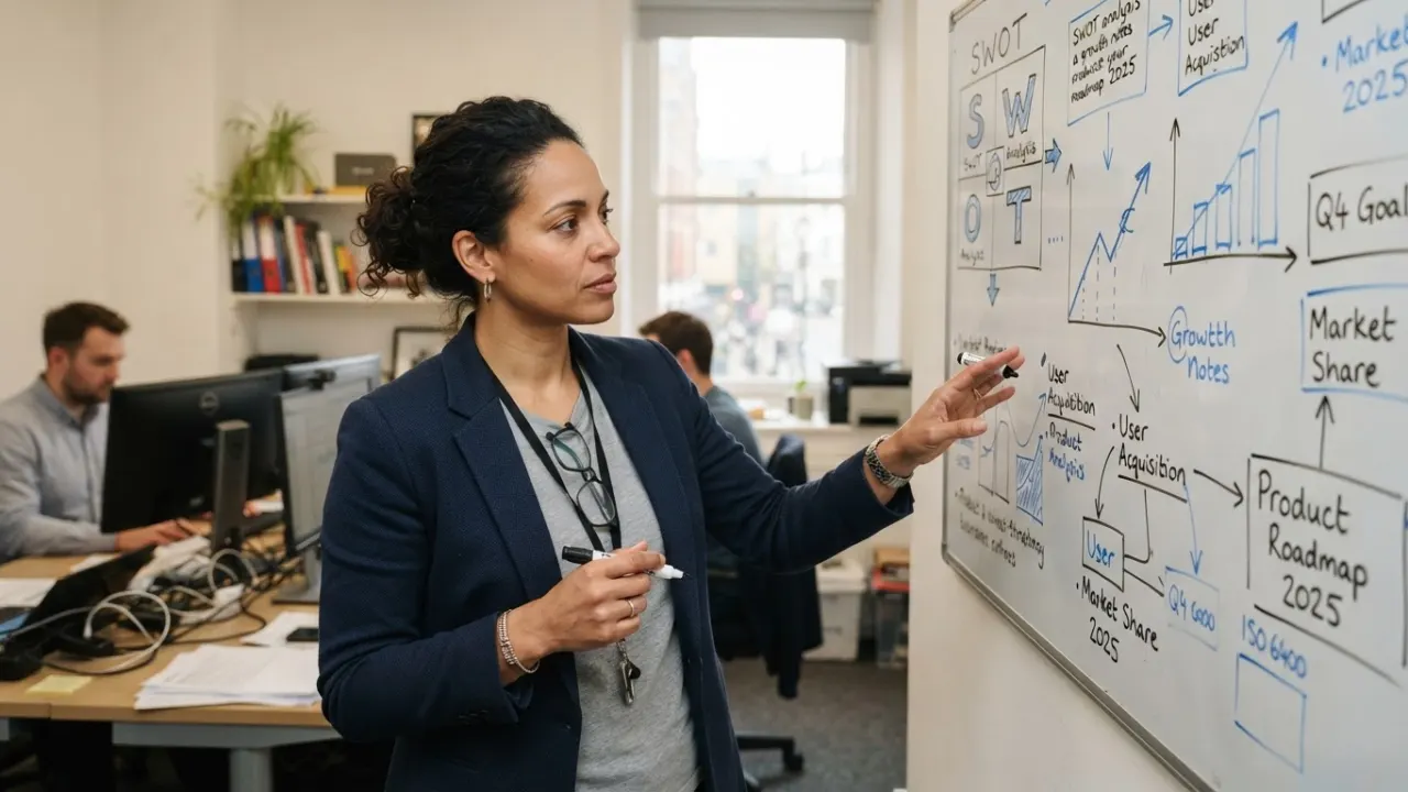 founder reviewing business strategy charts on a whiteboard