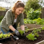 gardening for beginners raised bed planting with young vegetable seedlings