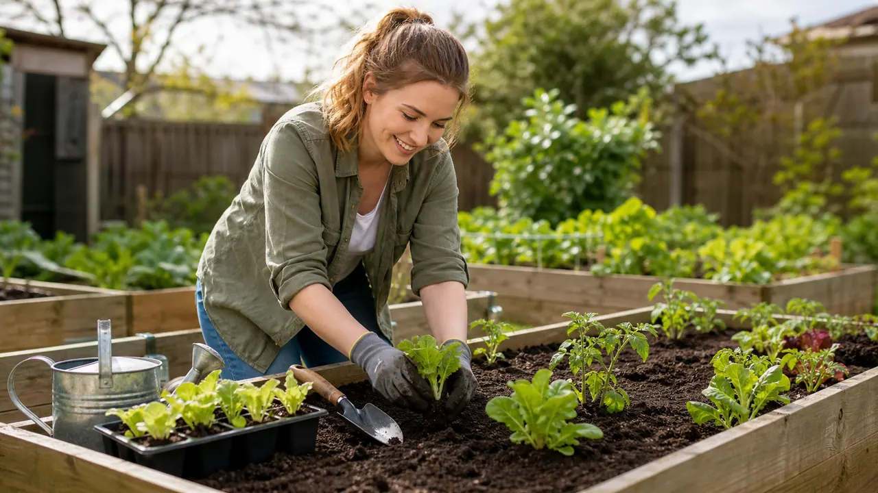 gardening for beginners raised bed planting with young vegetable seedlings