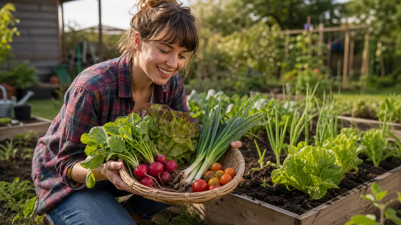 Gardening for beginners first harvest of radishes lettuce spring onions and tomatoes