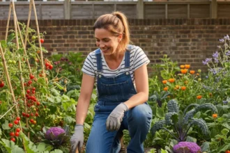 gardening for beginners person kneeling next to vegetable plants with trowel