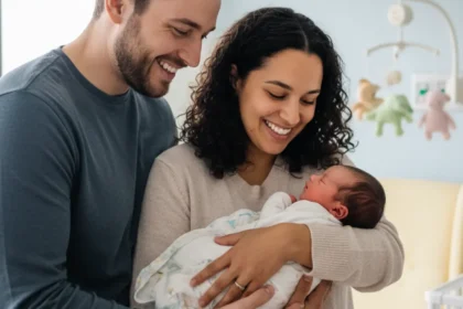 parents holding newborn baby choosing gender neutral names for their child