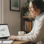get rich quick UK young entrepreneur checking online business earnings dashboard