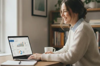 get rich quick UK young entrepreneur checking online business earnings dashboard