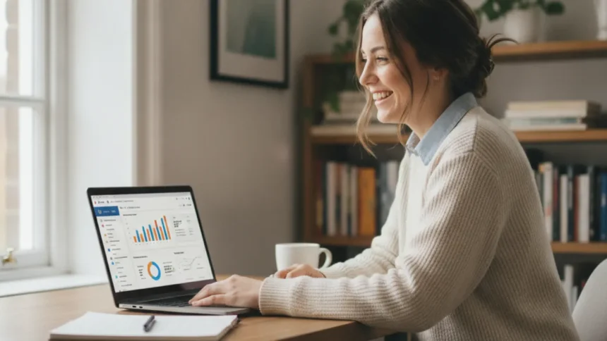 get rich quick UK young entrepreneur checking online business earnings dashboard