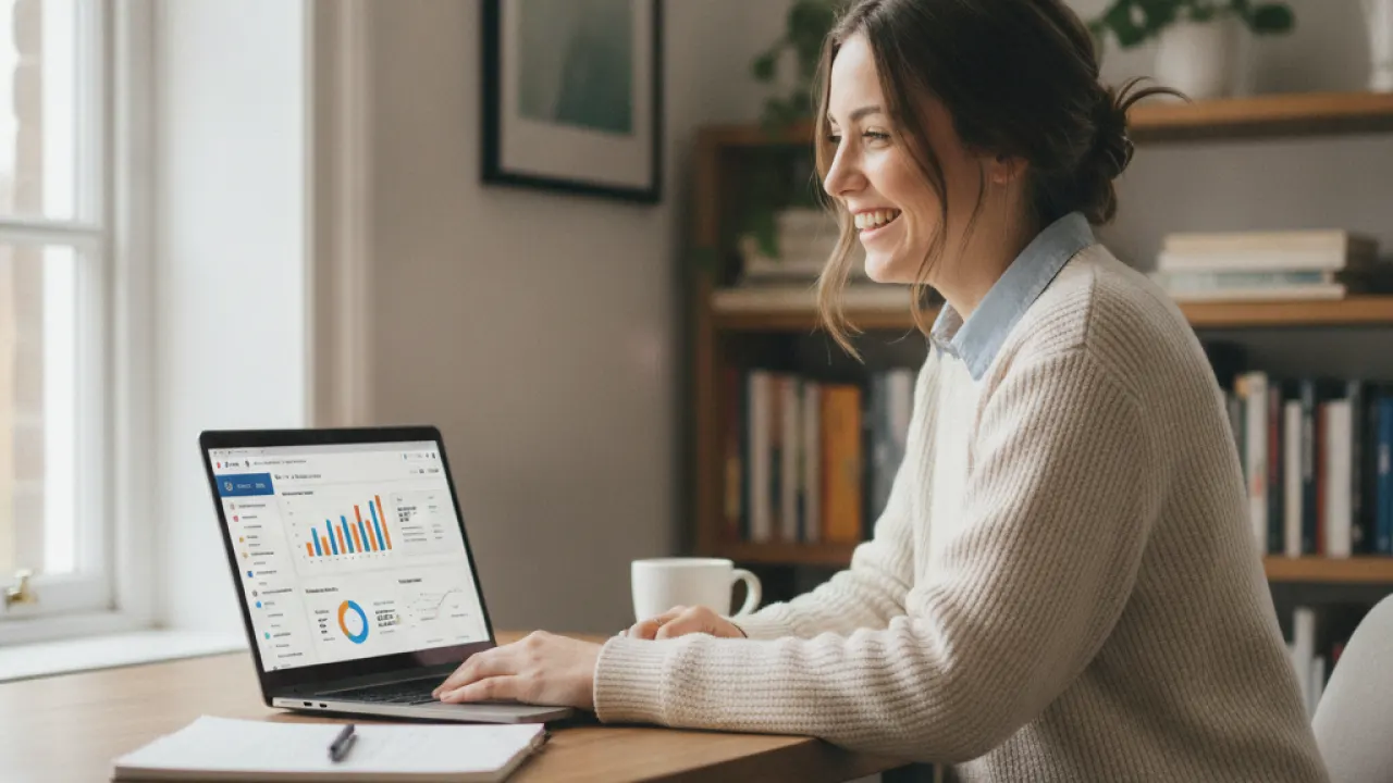 get rich quick UK young entrepreneur checking online business earnings dashboard
