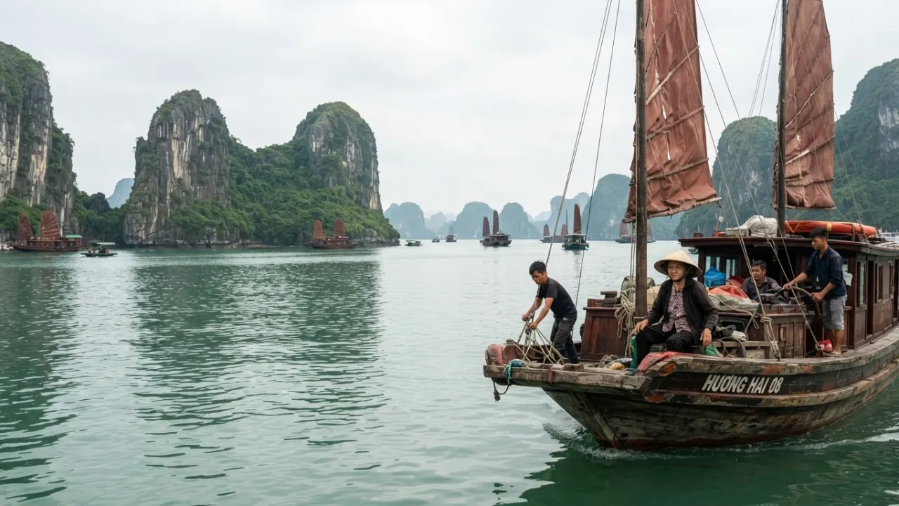 Limestone towers rising from green water in Ha Long Bay Vietnam