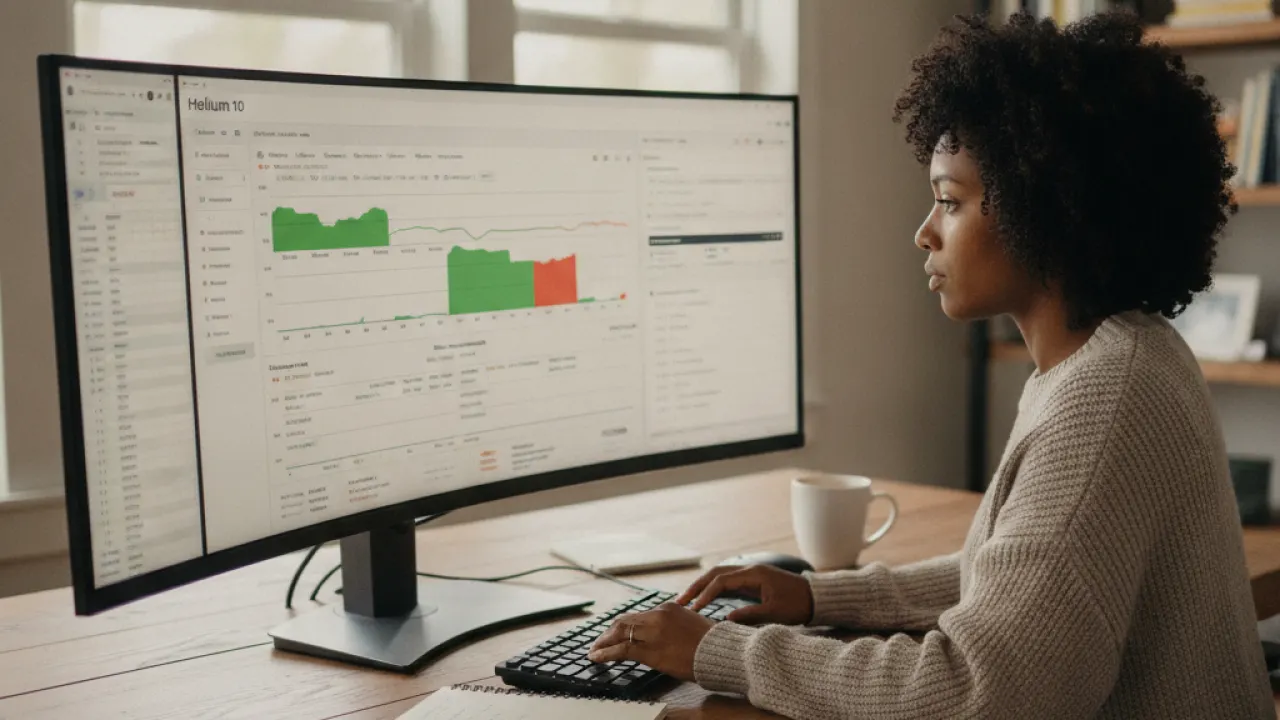 amazon fba uk product research using helium 10 software on computer screen