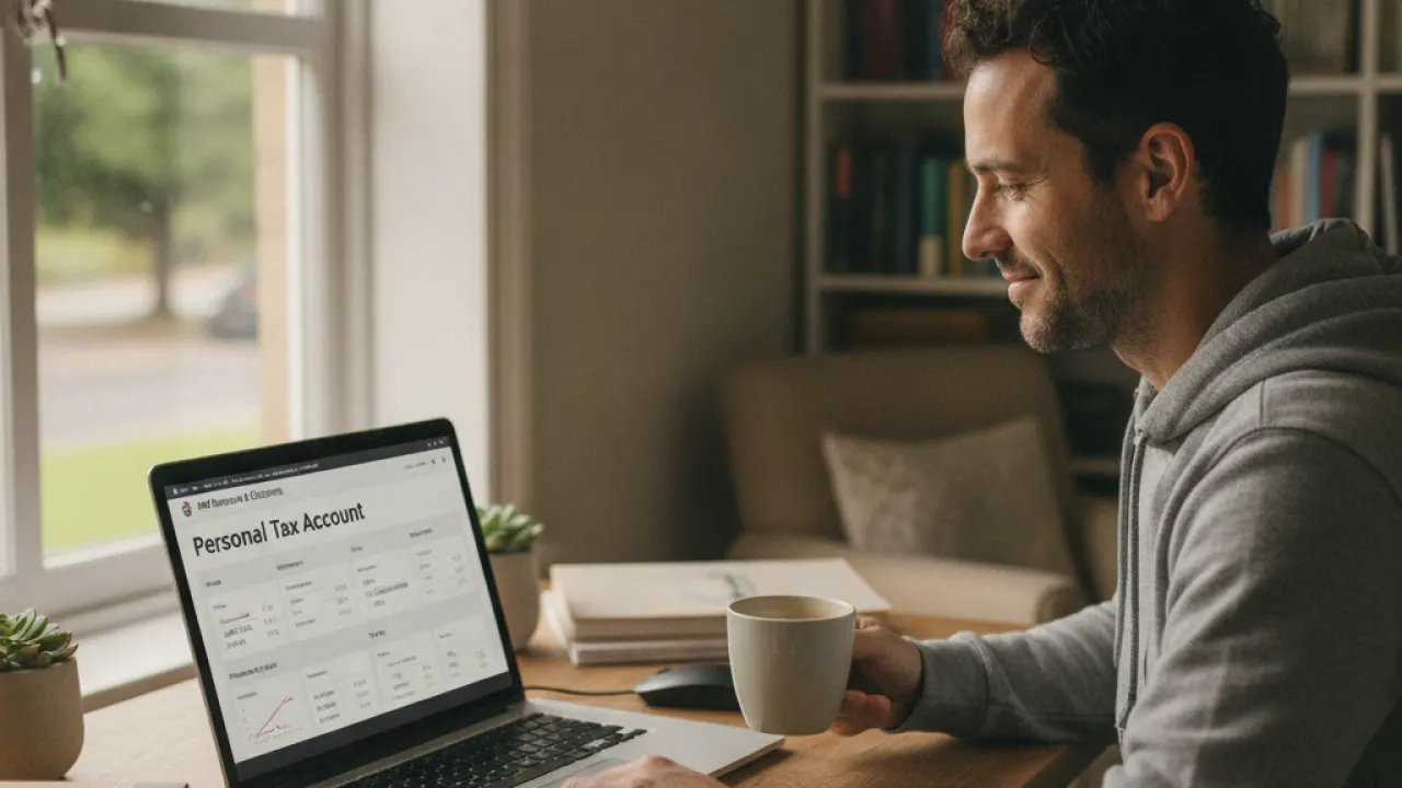income tax rates UK 2026 man checking HMRC personal tax account online for refund