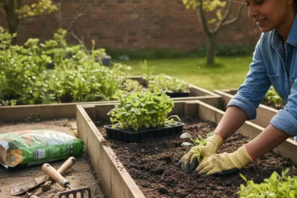 how to start a vegetable garden with seedlings being planted in raised bed