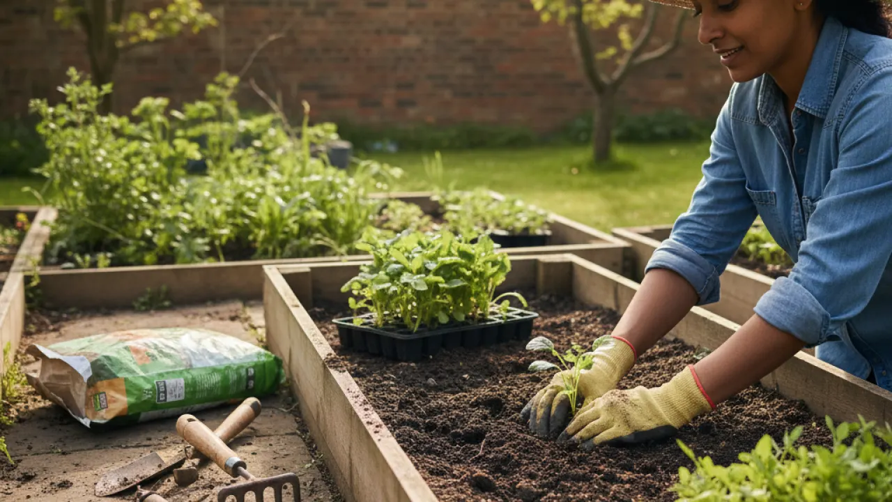 how to start a vegetable garden with seedlings being planted in raised bed