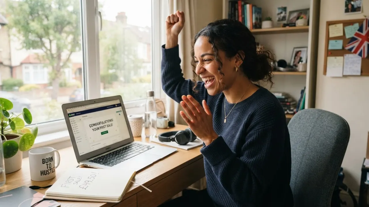 how to start an online business UK entrepreneur celebrating first sale
