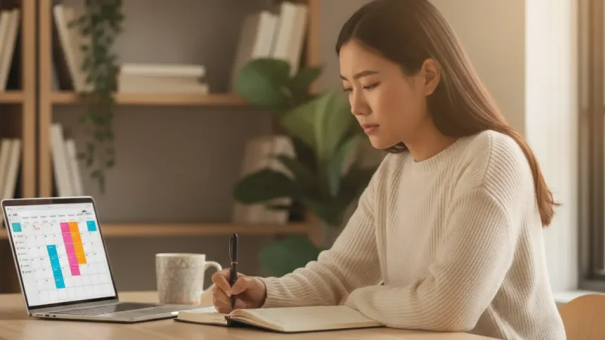 how to stop procrastinating woman focused desk planning productive