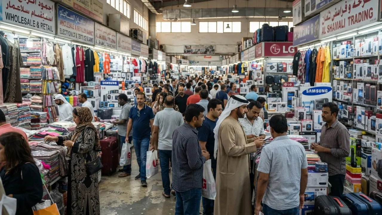 Shoppers looking at goods inside China Mall Ajman