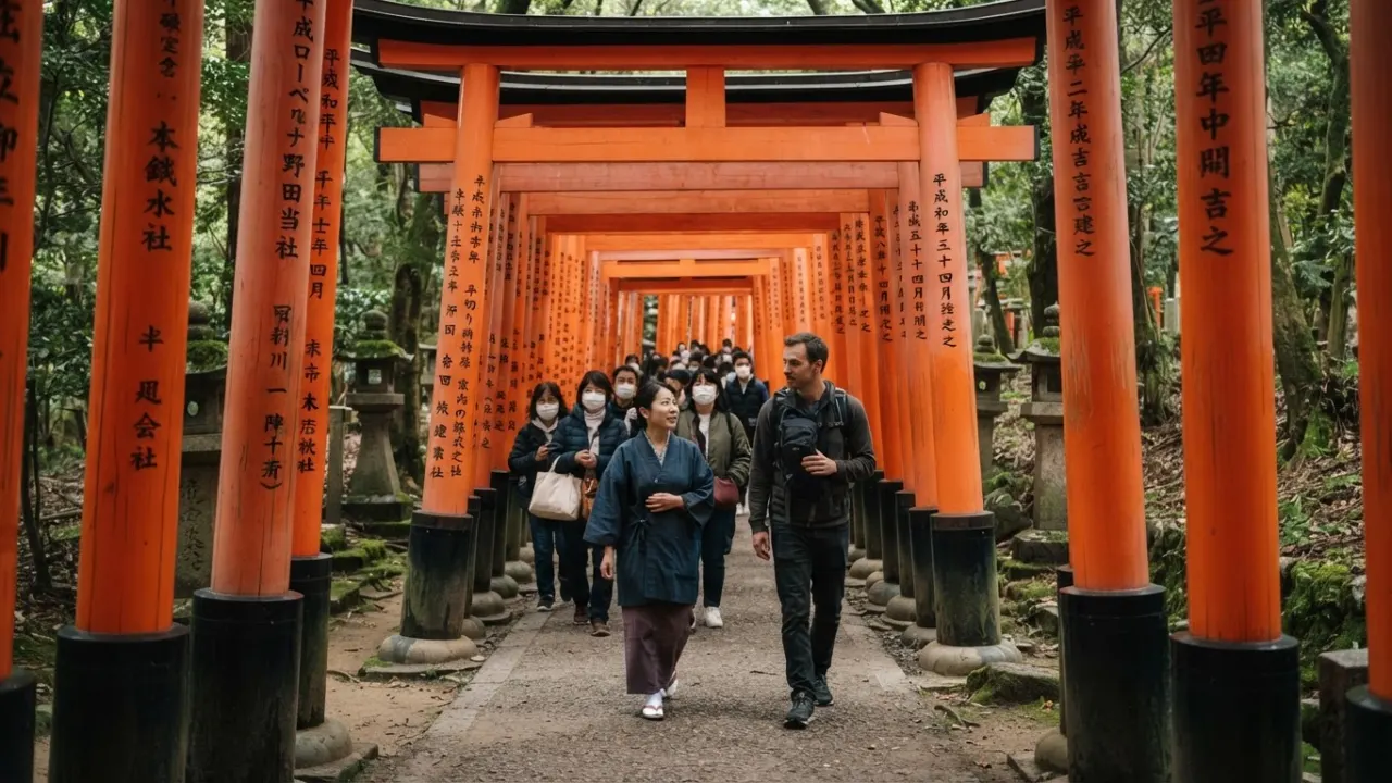 Traditional Kyoto temple garden framed by red maple leaves in Japan