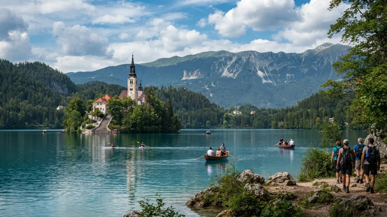 Lake Bled island church with castle and Julian Alps in Slovenia