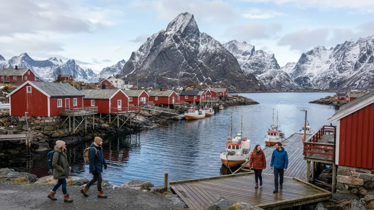 Red fishing cabins beneath sharp peaks in Norway's Lofoten Islands