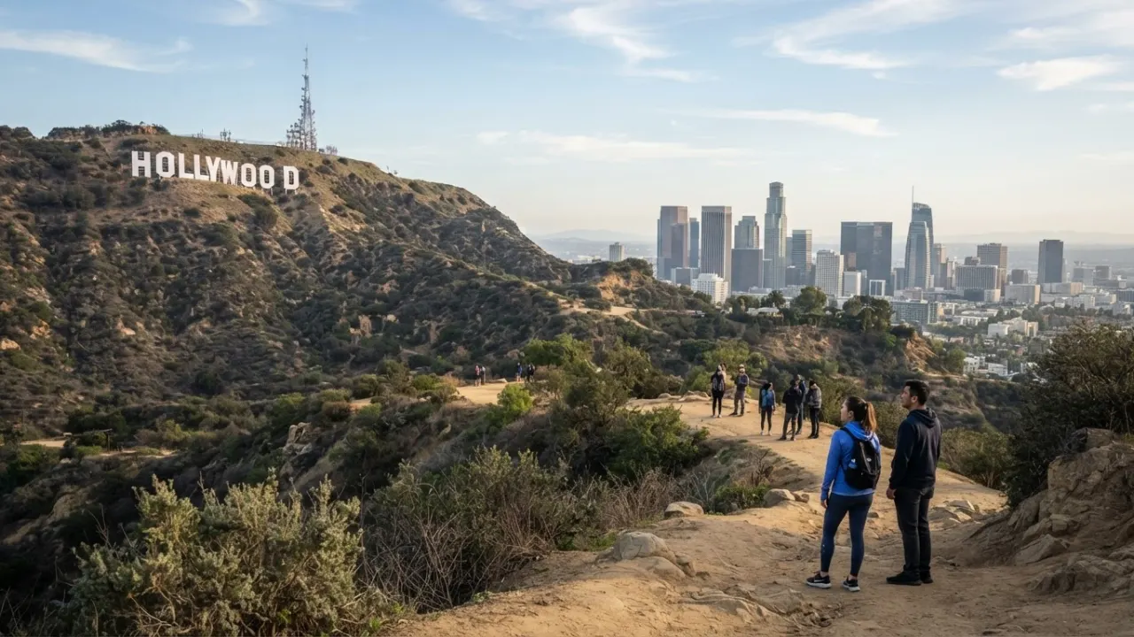 Hollywood sign with Los Angeles skyline