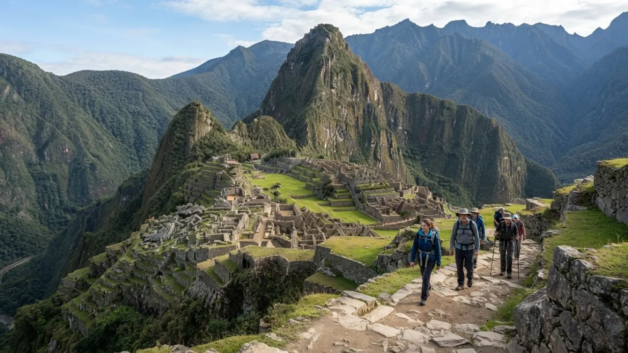 Stone terraces and mountain peaks at Machu Picchu in Peru