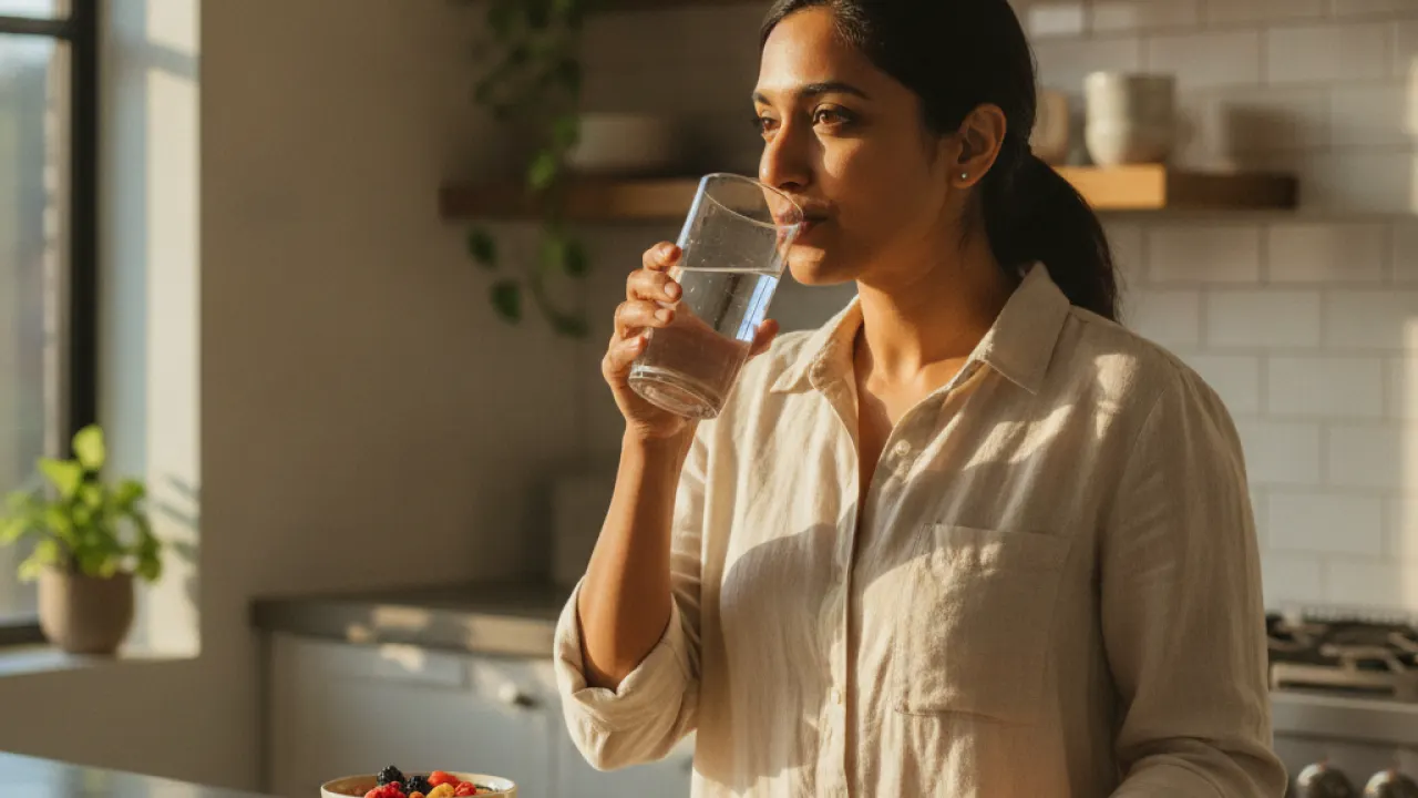 A person drinking water with a healthy breakfast in the morning to manage physical state for productivity