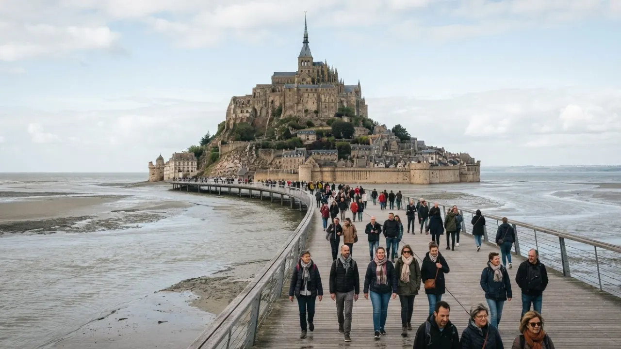 Mont Saint-Michel abbey rising above its tidal bay in France