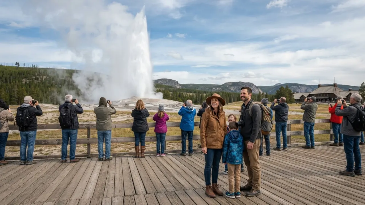 family watching geyser in Yellowstone