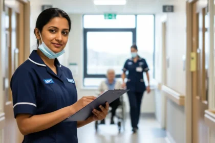 NHS salary UK 2026 NHS nurse checking patient chart in hospital corridor