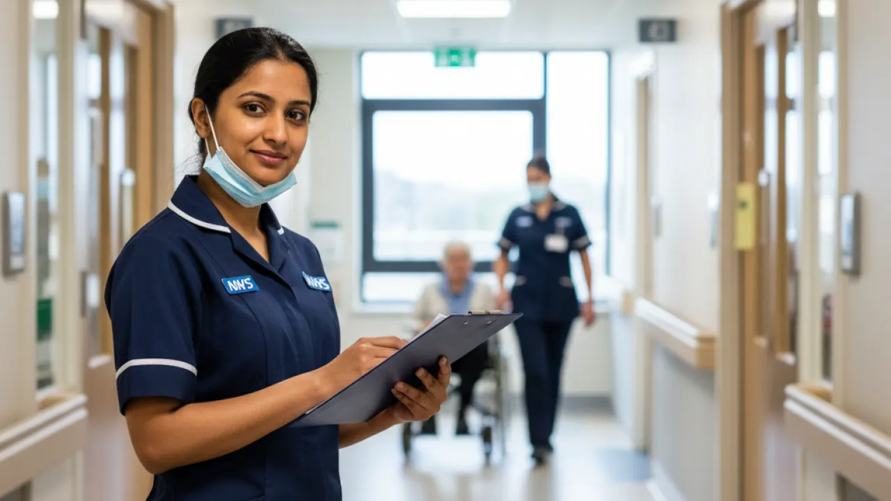 NHS salary UK 2026 NHS nurse checking patient chart in hospital corridor