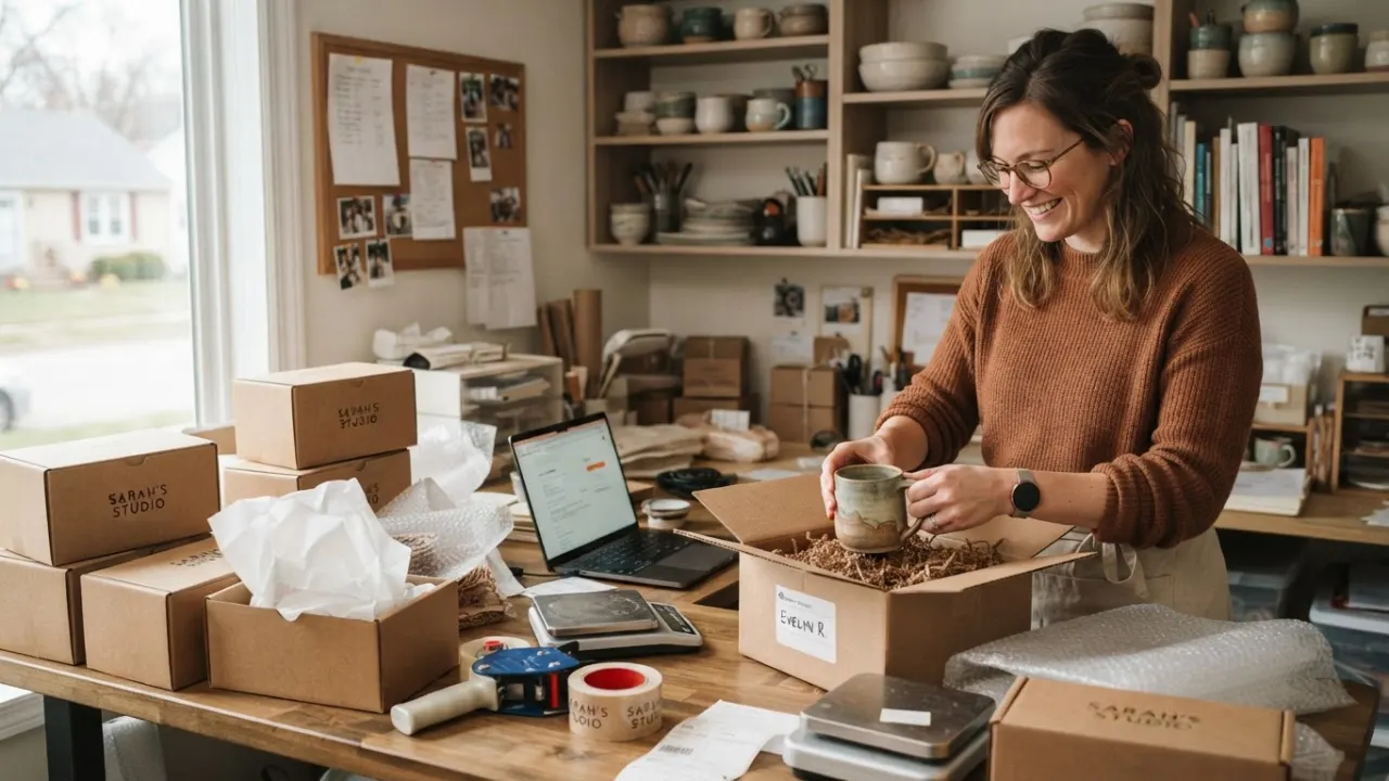 small ecommerce owner packing branded boxes in home office