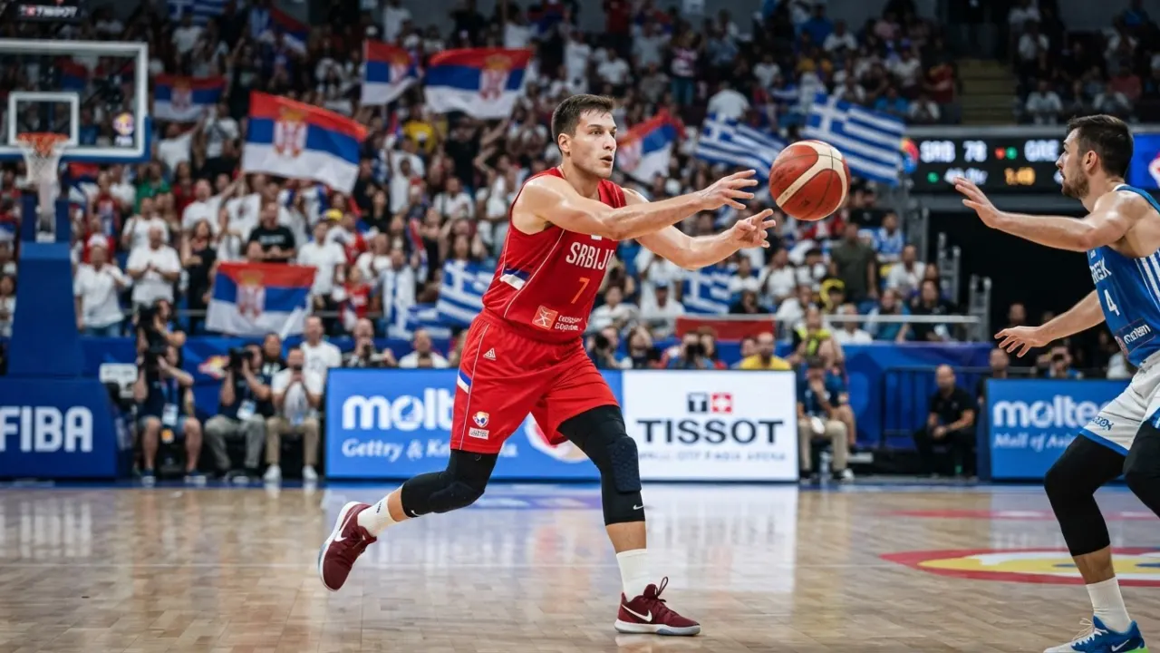 Nikola Jokic making a precision pass in international basketball game