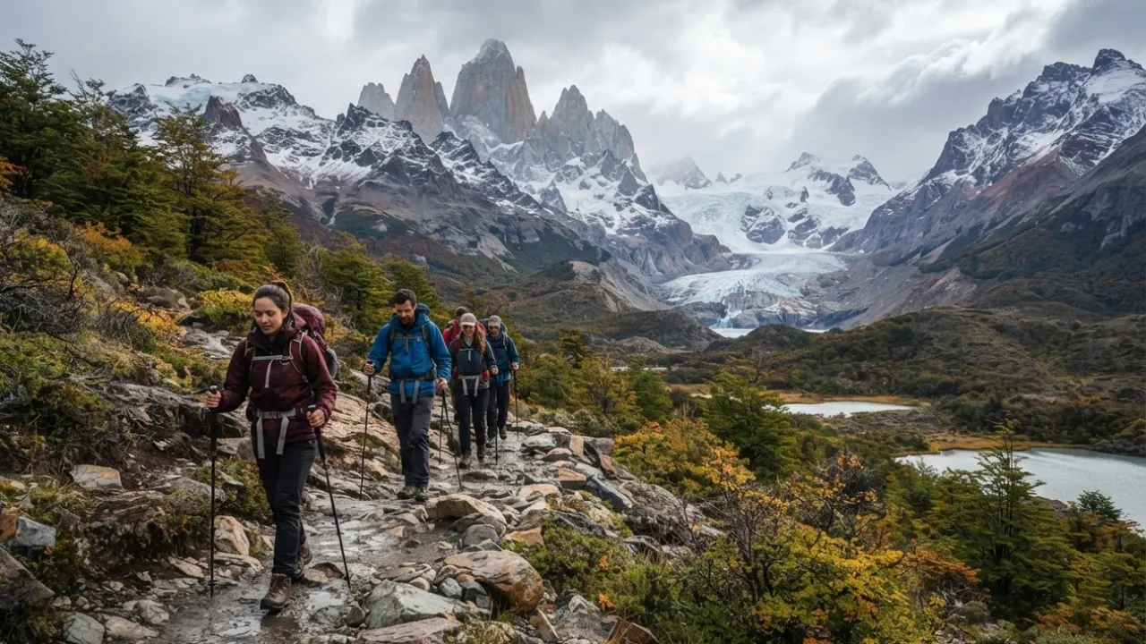 Granite peaks and glacial lake in Patagonia across Argentina and Chile