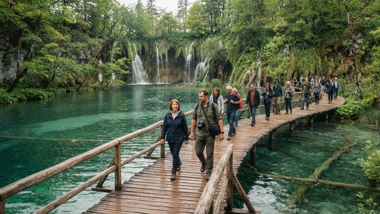 Turquoise lakes and waterfalls at Plitvice Lakes National Park Croatia