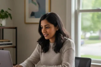 person using productivity hacks at organised desk with laptop and notepad