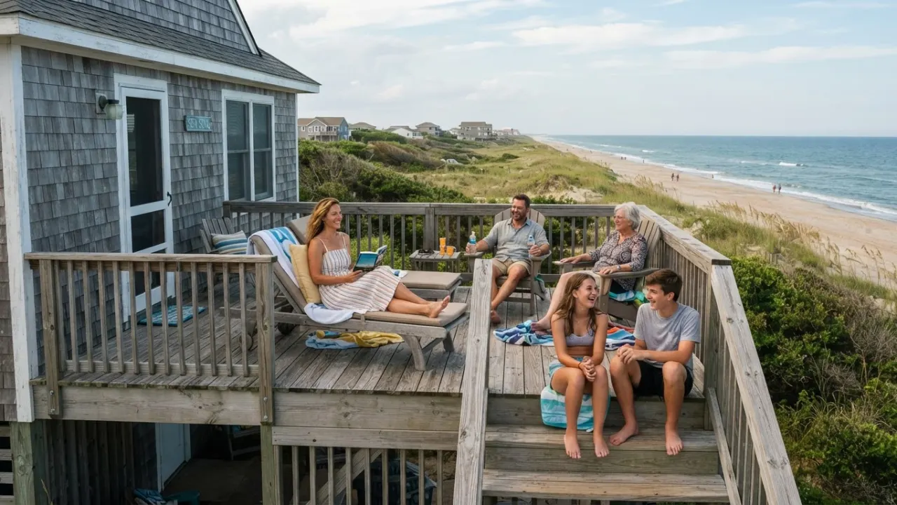 family at a quiet beach house
