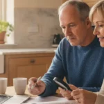how to save for retirement UK couple reviewing pension documents and calculator