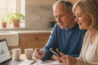 how to save for retirement UK couple reviewing pension documents and calculator
