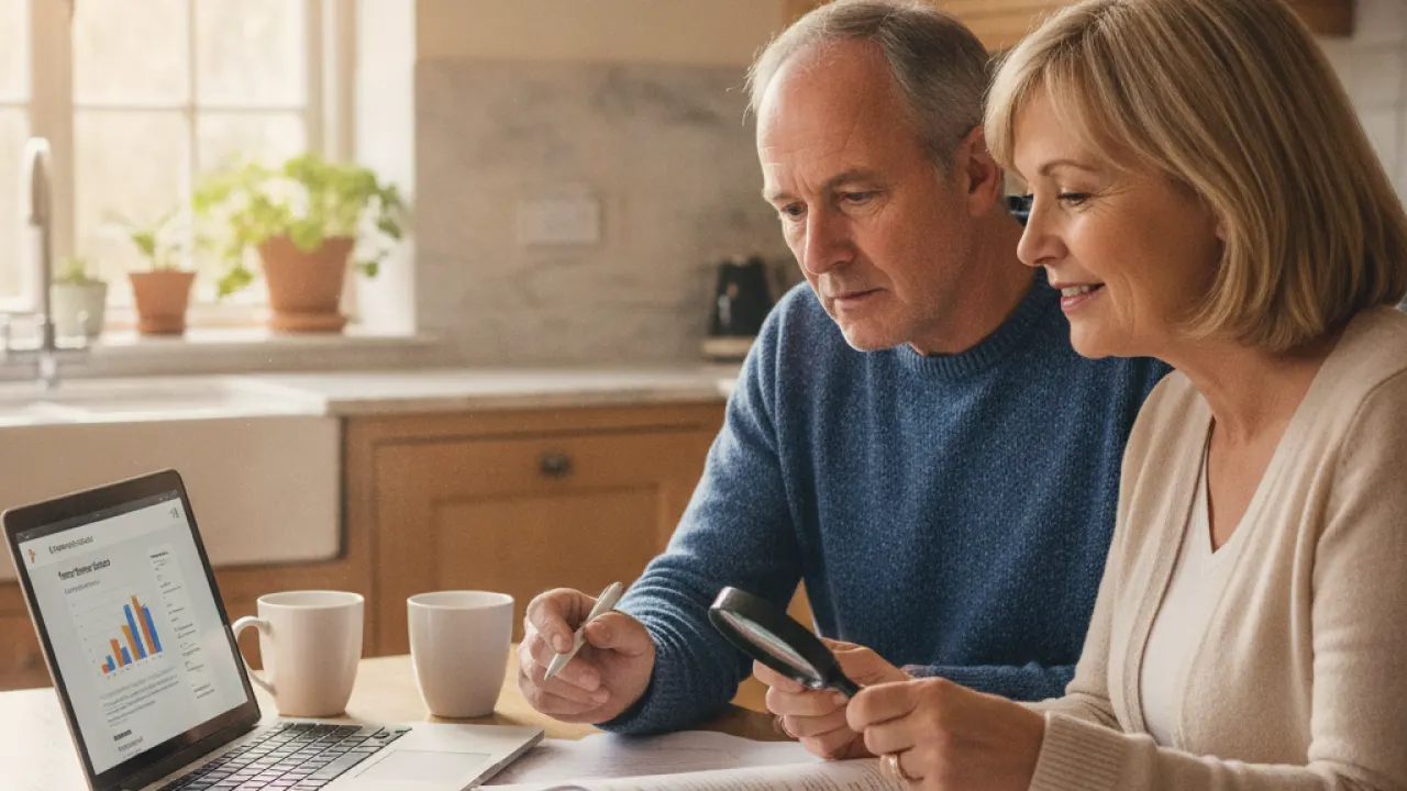 how to save for retirement UK couple reviewing pension documents and calculator