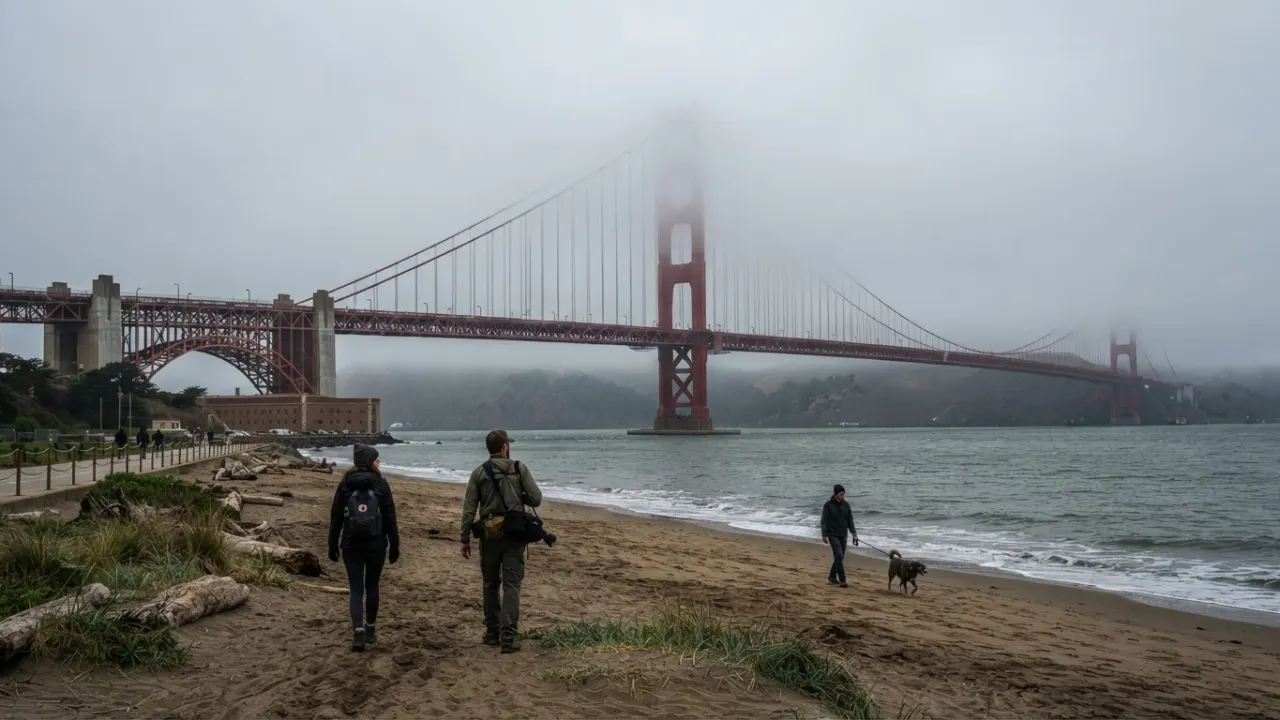 Golden Gate Bridge from Crissy Field with fog