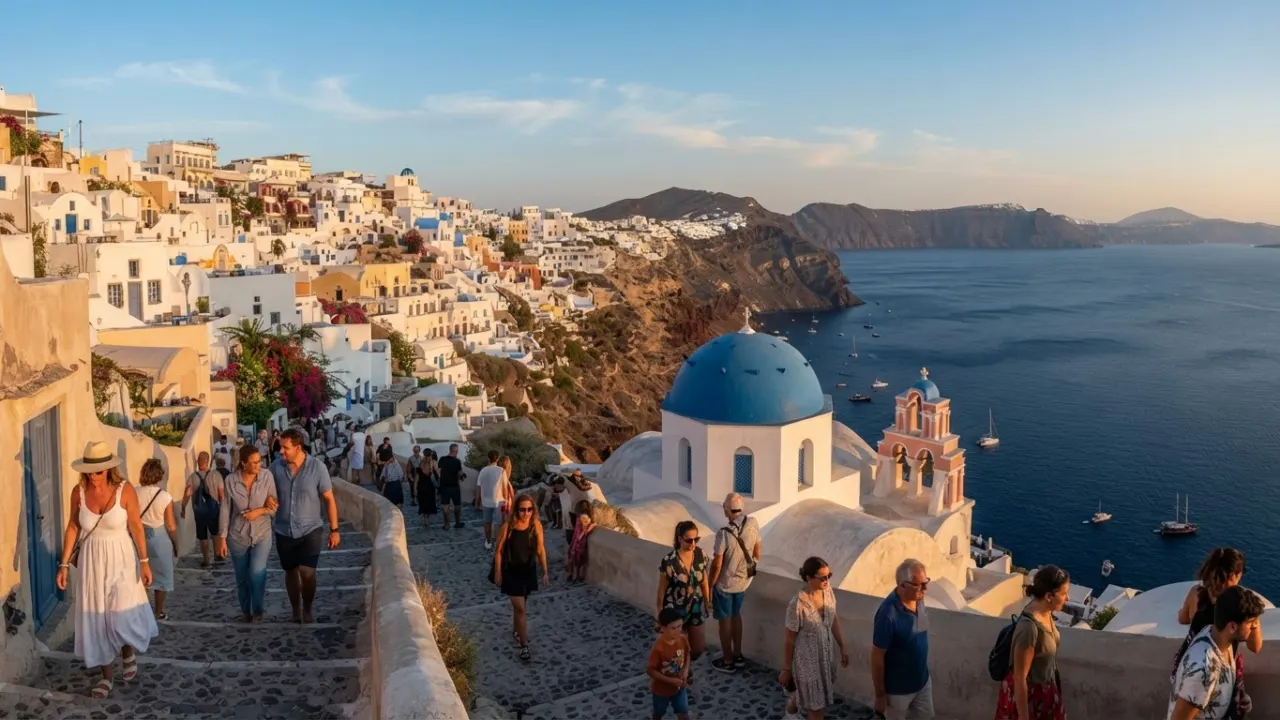 most beautiful places in the world santorini greece blue domes white buildings caldera sunset